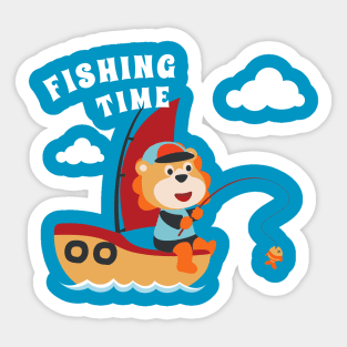 Vector cartoon illustration of cute lion fishing on sailboat with cartoon style. Sticker